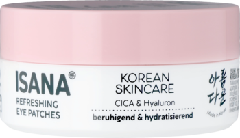 Isana Korean Skincare odświeżające płatki pod oczy Cica & Hyaluron, biały słoiczek z różową pokrywką, widok z przodu.