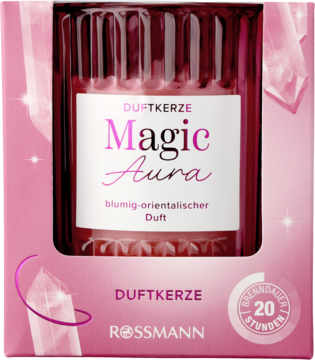 Rossmann Magic Aura, kwiatowo-orientalna świeca zapachowa w burgundowym szkle, w różowym pudełku, 20h.
