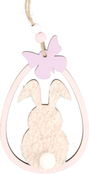 Różowa, drewniana zawieszka wielkanocna w kształcie jajka z filcowym zającem i motylem, na sznurku z koralikami.