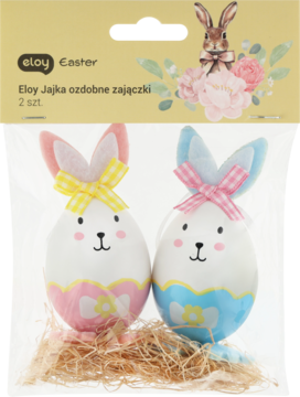 Eloy Wielkanocne jajka ozdobne zajączki, 2 szt. W opakowaniu, różowe i niebieskie, widok z przodu.