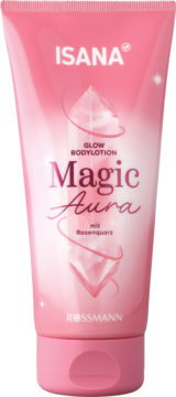 Różowa tubka Isana Glow Bodylotion Magic Aura z różowym kwarcem, rozświetlający balsam do ciała, widok z przodu.