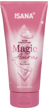 Różowy balsam do ciała Isana Magic Aura Glow z różanym kwarcem, pionowy widok z przodu tubki.