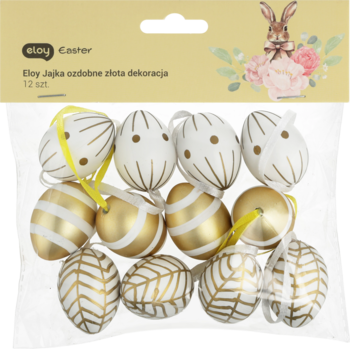 Zestaw 12 białych i złotych jajek wielkanocnych z wzorami, zawieszki, w przezroczystym opakowaniu.