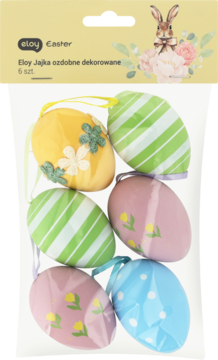 Eloy Jajka ozdobne dekorowane, zestaw 6 szt. Kolorowe pisanki w paski, kropki i kwiaty, w folii.