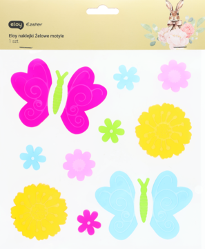 KIKY Easter: Żelowe naklejki na okno. Duże różowe i błękitne motyle, barwne kwiaty, na białym tle opakowania.