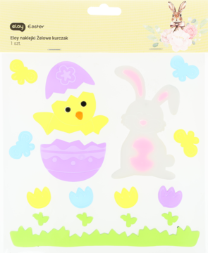 Eloy naklejki piankowe Easter: żółty kurczak w fioletowym jajku, biały królik, tulipany. Widok z przodu.