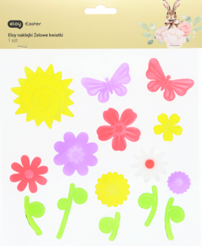 Elay Easter żelowe kwiatki, zestaw kolorowych naklejek na okno: kwiaty, motyle i liście, ułożone na białym tle.