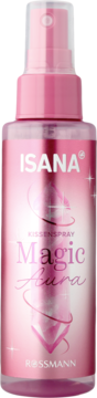 Różowy spray do poduszki Isana Magic Aura, butelka z pompką, widok z przodu, z jasnoróżową etykietą i logo Rossmann.