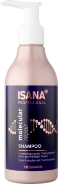 Isana Professional Molecular Repair szampon, różowa butelka z białą pompką, ciemnofioletowa etykieta z motywem DNA. Widok z przodu.