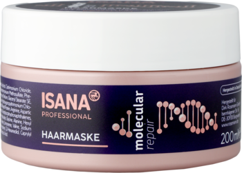 Isana Professional Molecular Repair maska do włosów, fioletowy słoik z białą nakrętką, widok z przodu, różowe logo DNA.