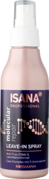 Isana Professional Molecular Repair spray, różowa butelka z niebieską etykietą i DNA, do włosów zniszczonych, widok z przodu.