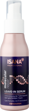 Isana Professional Molecular Repair Leave-In Serum, różowo-fioletowa butelka z pompką, do włosów zniszczonych, widok z przodu.