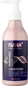 Isana Professional Molecular Repair Odżywka, różowa butelka z pompką, grafika DNA, widok z przodu, do głębokiej regeneracji włosów.