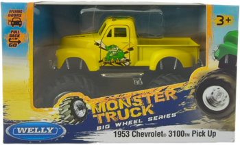 Żółty Welly Monster Truck Big Wheel Series 1953 Chevrolet 3100 Pick Up z zielonym wzorem, w przezroczystym opakowaniu.