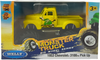 Żółty Welly Monster Truck Big Wheel Series 1953 Chevrolet 3100 Pick Up z zielonym wzorem, w przezroczystym opakowaniu.