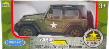 Welly Armor Squad 2007 Jeep Wrangler Rubicon, zielony model wojskowy z gwiazdą w pudełku. Widok przednio-boczny.