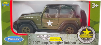 Welly Armor Squad 2007 Jeep Wrangler Rubicon, zielony model wojskowy z gwiazdą w pudełku. Widok przednio-boczny.