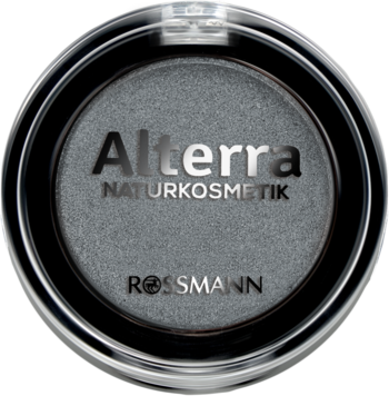 Zbliżenie cienia do powiek Alterra Granite Glow. Okrągłe, czarne opakowanie z przezroczystą pokrywką, szary, połyskujący cień.