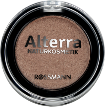 Cień do powiek Alterra Mystic Bronze, błyszczący brąz, w czarnym, okrągłym opakowaniu z logo, widok z góry.