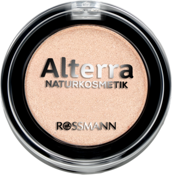 Alterra cień do powiek Fairy Dust, jasny, mieniący się szampański beż, w czarnej okrągłej oprawce. Widok z góry.