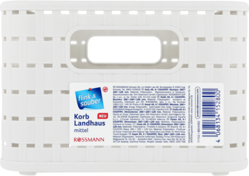 Biały perforowany plastikowy kosz Landhaus Rossmann, widok z przodu. Etykieta z wymiarami 280x185x126 mm.