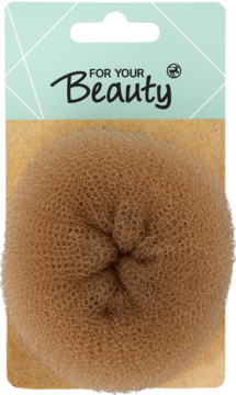 Beżowy, okrągły wypełniacz do koka z siatki, marki For Your Beauty, widok z przodu w opakowaniu.