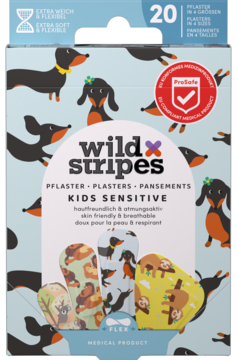 Hipoalergiczne plastry Wild Stripes Kids Sensitive, 20 sztuk, pudełko z wesołymi jamnikami, widok z przodu.