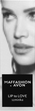 Pixelowany portret kobiety z reklamą MAFFASHION x AVON LIP to LOVE szminka na czarnym tle.