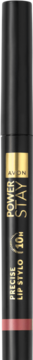 Avon Power Stay precyzyjna pomadka w czarnej, cylindrycznej tubce z złotym napisem i różowym spodem, Blush Courage.