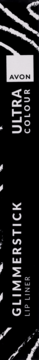 Pionowe zbliżenie na czarną etykietę Avon Ultra Colour Glimmerstick Lip Liner Deep Plum z białym logo i tekstem.
