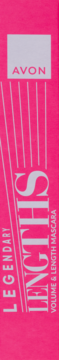 Różowe opakowanie tuszu Avon Legendary Lengths Volume & Length Mascara, z białym napisem, widok z przodu.