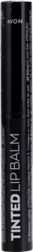 Czarny, koloryzujący balsam do ust Avon z napisem "Tinted Lipbalm", pionowy widok. Odżywia i chroni SPF 10.