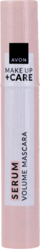 Różowa tubka tuszu Avon Make Up + Care Serum Volume Mascara, widok z przodu, na białym tle.