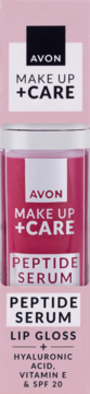 Avon Make Up + Care Peptide Serum Lip Gloss w różowym opakowaniu. Widoczny błyszczyk-serum z kwasem hialuronowym i SPF 20.