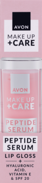Avon Make Up + Care Peptide Serum Lip Gloss w różowym kartonowym opakowaniu, z kwasem hialuronowym i SPF 20.