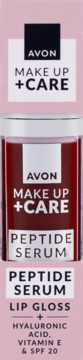 Avon Peptide Serum Lip Gloss z kwasem hialuronowym i SPF 20, w opakowaniu na różowym tle, widok z przodu.