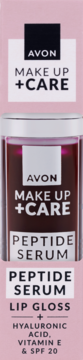 Avon Make Up + Care Peptydowy błyszczyk-serum, różowe pudełko, widok z przodu, składniki SPF 20.