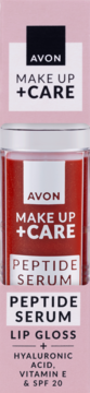 Red Avon Make Up + Care Peptide Serum Lip Gloss in clear tube, with silver cap, on pink box packaging.