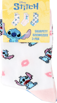 Białe skarpetki Disney Stitch dla dziewczynek, 3-pak z postacią Stitcha i różowymi ustami, widok z przodu.