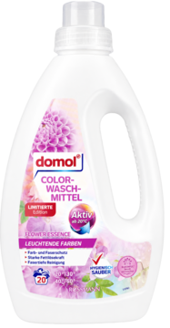 domol Color-Waschmittel Flower Essence, limitowana edycja, do jasnych kolorów, butelka z kwiatowym wzorem.