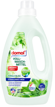 domol Voll-Waschmittel Jungle Bliss do białych tkanin w dużej butelce z zielonymi liśćmi, widok z przodu.