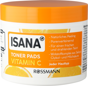 Białe opakowanie ISANA Vitamin C Toner Pads z pomarańczową nakrętką i etykietą, widok z przodu. Płatki na peeling.