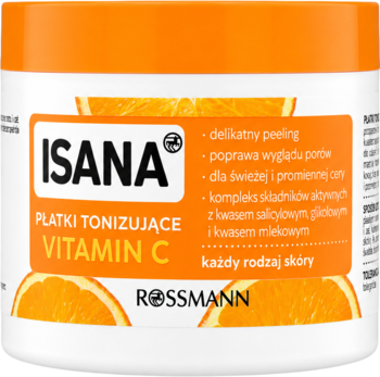 Biały słoik Isana Płatki Tonizujące Vitamin C z pomarańczową pokrywką i grafiką cytrusów, widok z przodu.