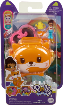 Polly Pocket Pet Connects, pomarańczowy lisek w opakowaniu, z figurką Polly i liskiem, widok z przodu.