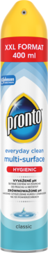 Pronto Everyday Clean Hygienic 400ml aerozol multi-surface o zrównoważonym pH, biało-niebieska puszka, przód.