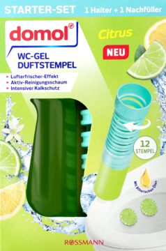 Opakowanie Domol WC-Gel Duftstempel Citrus, zestaw startowy: zielony uchwyt, wkład i 12 stempli.