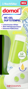 Domol WC-Gel Duftstempel Citrus, zielone opakowanie z wkładem żelowym, 12 stempli, widok z przodu.