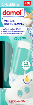 Nowy domol WC-Gel Duftstempel Ocean, 1 Nachfüller z 12 turkusowymi stemplami, opakowanie z morskimi motywami.