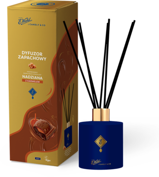 Dyfuzor zapachowy E.Wedel Czekolada Nadziana Karmelowa 100ml: niebieska butelka i złoto-brązowe pudełko.