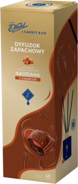 Dyfuzor E. Wedel & Candly Nadziana z karmelem. Beżowe opakowanie z czekoladowym motywem, widok z przodu pod kątem.